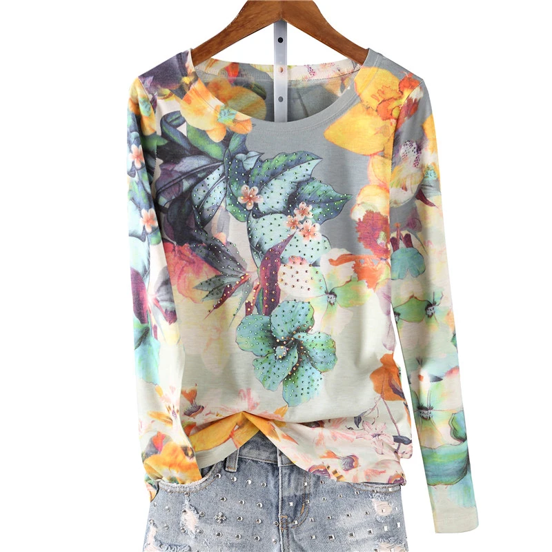 Najtaniej Moda hot wiercenia floral wydrukowano t koszula kobiety o neck z długim rękawem koszulki z nadrukami bluzka w stylu basic shirt femme 4XL 2019 jesień nowy