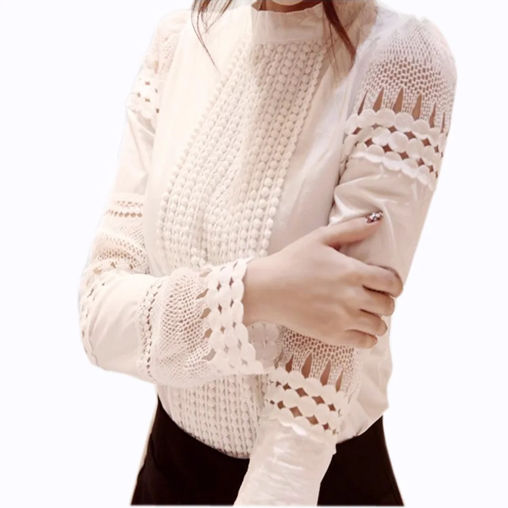 

Lace Hollow Blouse White Shirts Ladies' Slim Bottoming Hook Flower Lace Blouse Female Elegant Long-sleeved Cotton Blusas J2531
