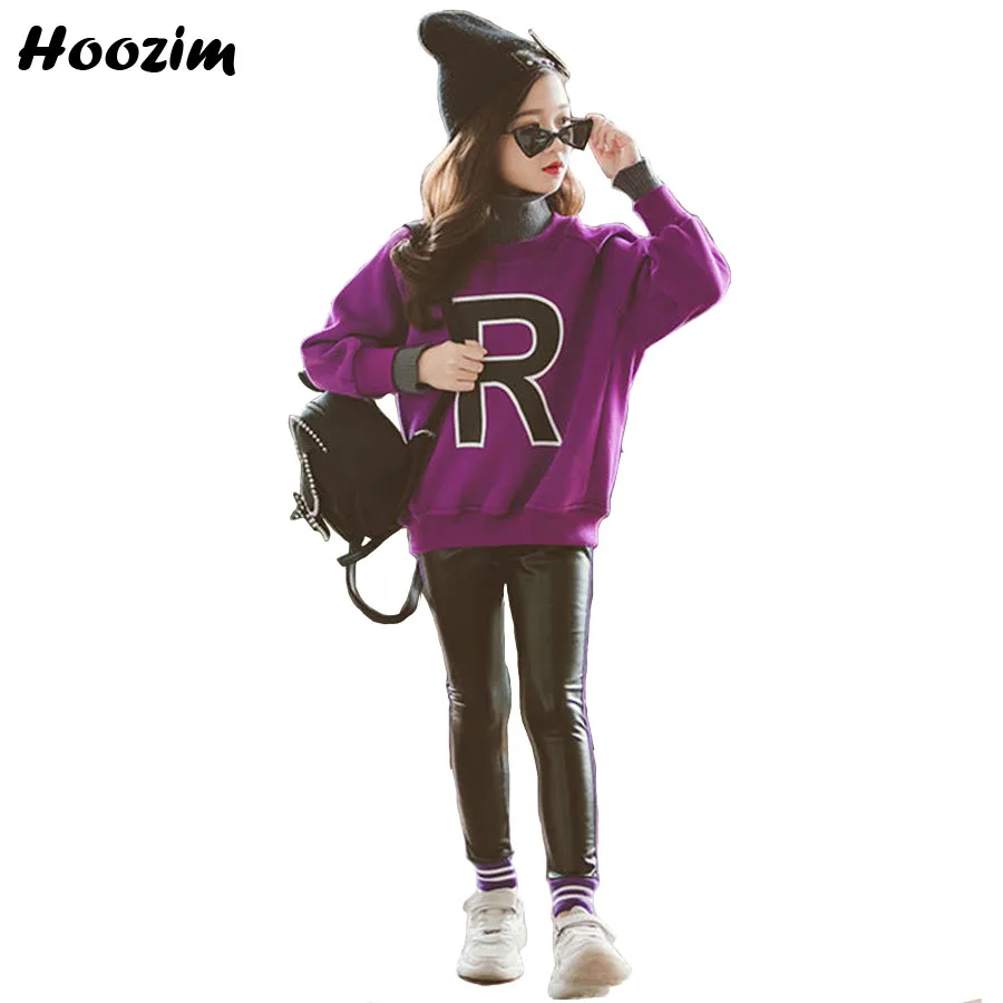 

Winter Suit For Girls 9 10 11 12 Years Fashion Thick Letter Tops+Velvet Leather Pants Children Autumn Teenage Girls Clothing Set