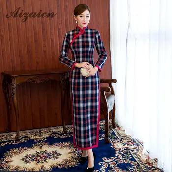 

Girl Plaid Oriental Evening Dresses Long Sleeve Cotton Qipao Dress Women Chinese Traditional Cheongsam Robe Chinoise Qi Pao