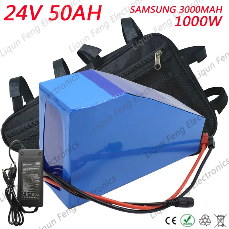 Best 1000W 24V Triangle Battery Pack 24V 50AH Electric Bike Battery Use Samsung 30B Cells With 50A BMS 29.4V 5A Charger Free Shipping 0