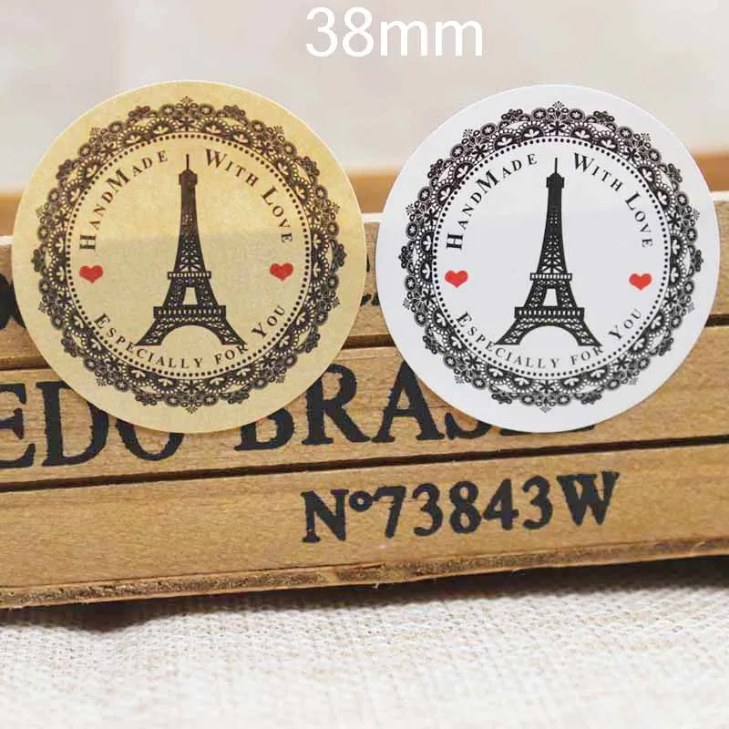 100pcs heart self adhesive labels Vintage kraft handmade with love labels paper self seal thank you labels 3cm size