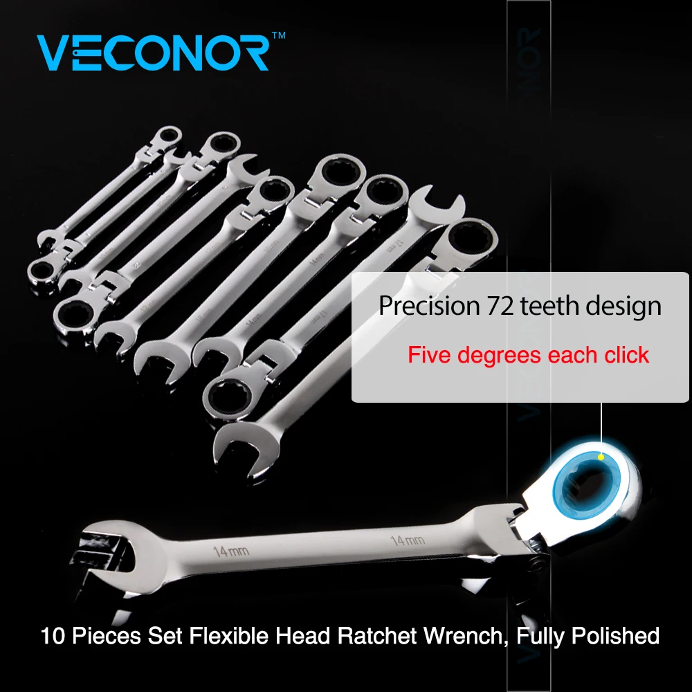 

Veconor 10 Pieces Flexible Head Ratchet Wrench Spanner Set Combination Key Wrench Set 8~18mm CRV Quality Mechanics Love
