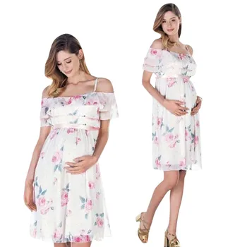 

Summer New Fashion Womens Mother Floral Falbala Pregnant Off Shoulder Dress For Maternity Daily Clothes Wholesale Free Ship Z4