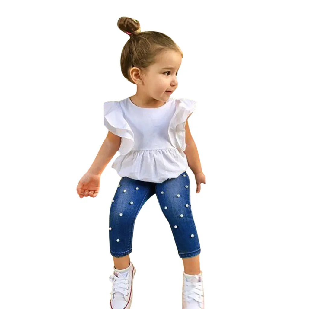 Г. Одежда для маленьких девочек, одежда для малышей Однотонная футболка Топы+ джинсовые штаны с жемчужинами, комплект джинсовой одежды, костюм детская одежда для девочек