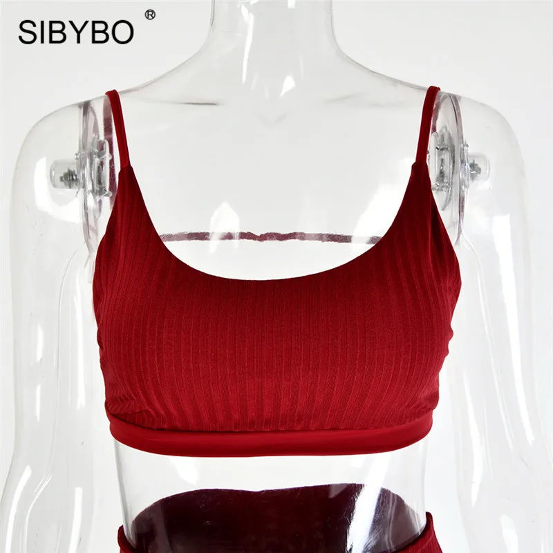 Sibybo Backless Ribbed Sexy Two Piece Set Dress Women Sleeveless Bandage Summer Bodycon Dress High Waist Beach Club Party Dress