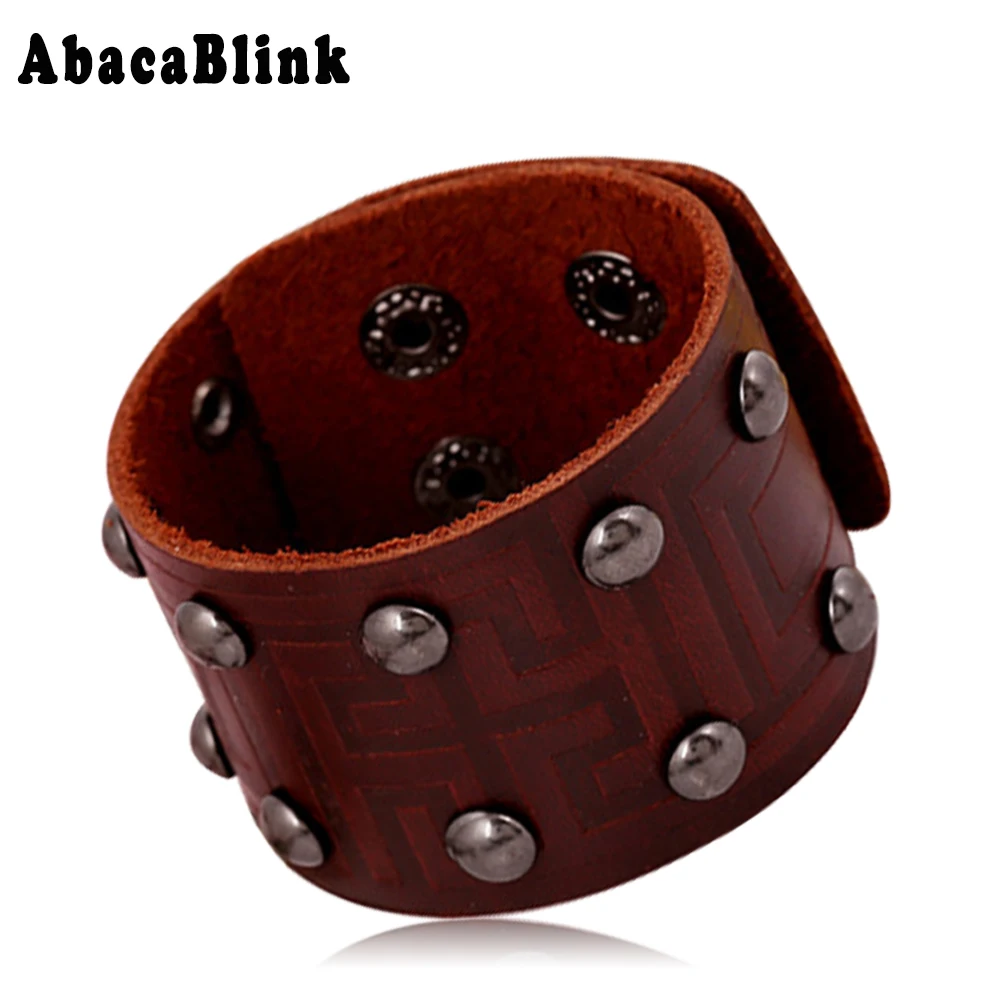 40MM Wide Cowhide Leather Wrap Bracelet & Bangles For Men Punk Rock Style Rivet Bracelet Jewelry
