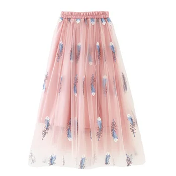 

New Summer Teen Girls High Waist Lace Embroidery Feather Mesh Pleated Skirt Girl Fairy A-line Long Tulle Casual Tutu Skirt CA929