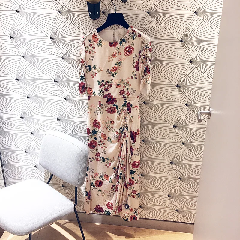 

Spring and Summer 2019 New Slim Fit Short Sleeve Rose Pleat Printed Pleat Dress Knee-Length Print Dress Women
