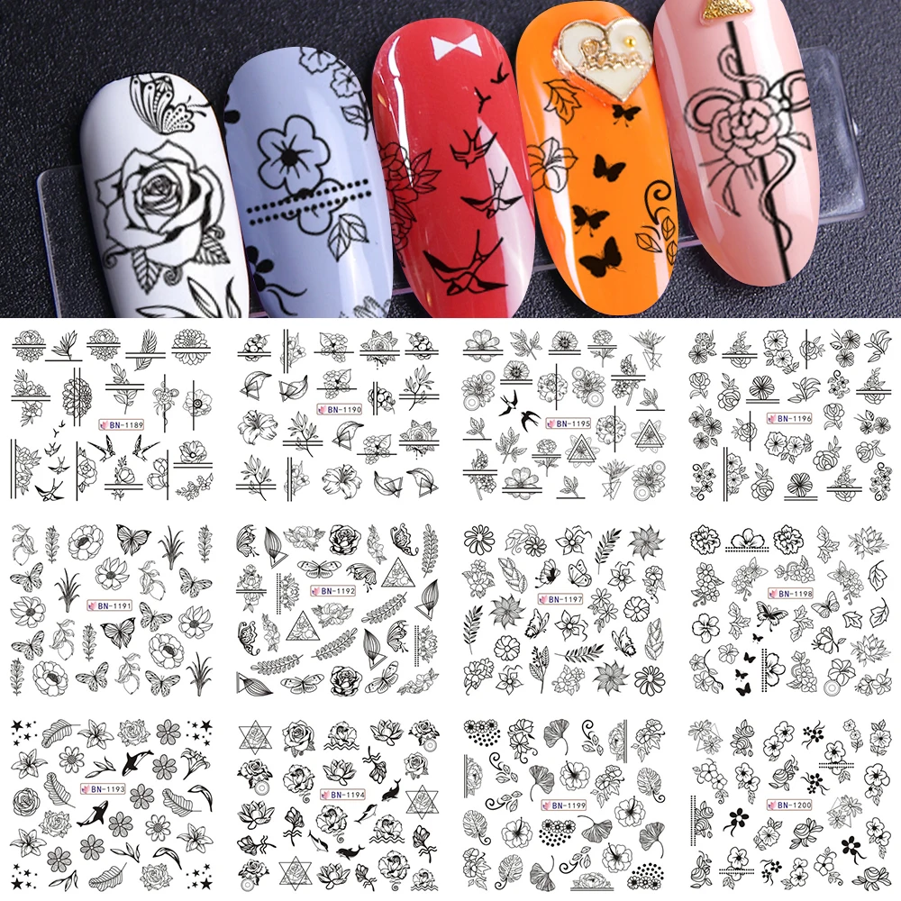 

Black Flower Nail Sticker Water Transfer Slider Nail Art Decor Lace Geometric Design Butterfly Necklace Manicure SABN1189-1200