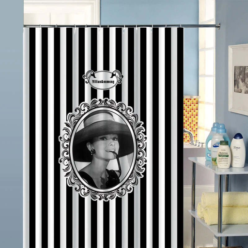 1 шт. винтажная занавеска для душа занавеска для ванной комнаты Одри Хепберн белая и черная полоса слепой Кортина полиэстер+ 12 пластиковых крючков