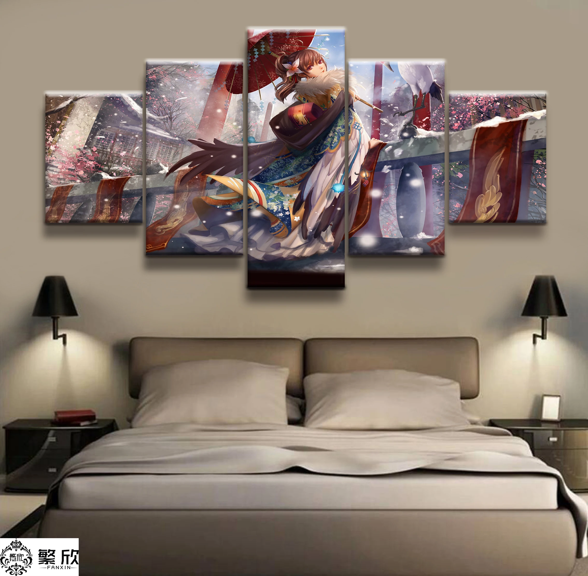 

Hot Sales Without Frame 5 Panels Picture Canvas Painting Japanese Kimono Girl Poster Artwork Wall Art Canvas Painting Wholesale