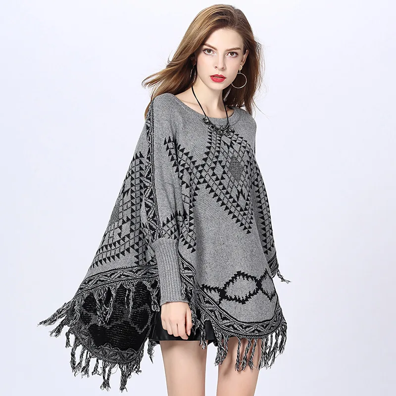 Plus Size Women Capes Patchwork Loose Poncho 2018 Autumn Winter Knitted Bat Sleeves Sweater Triangle Tassel O Neck Pullover Coat