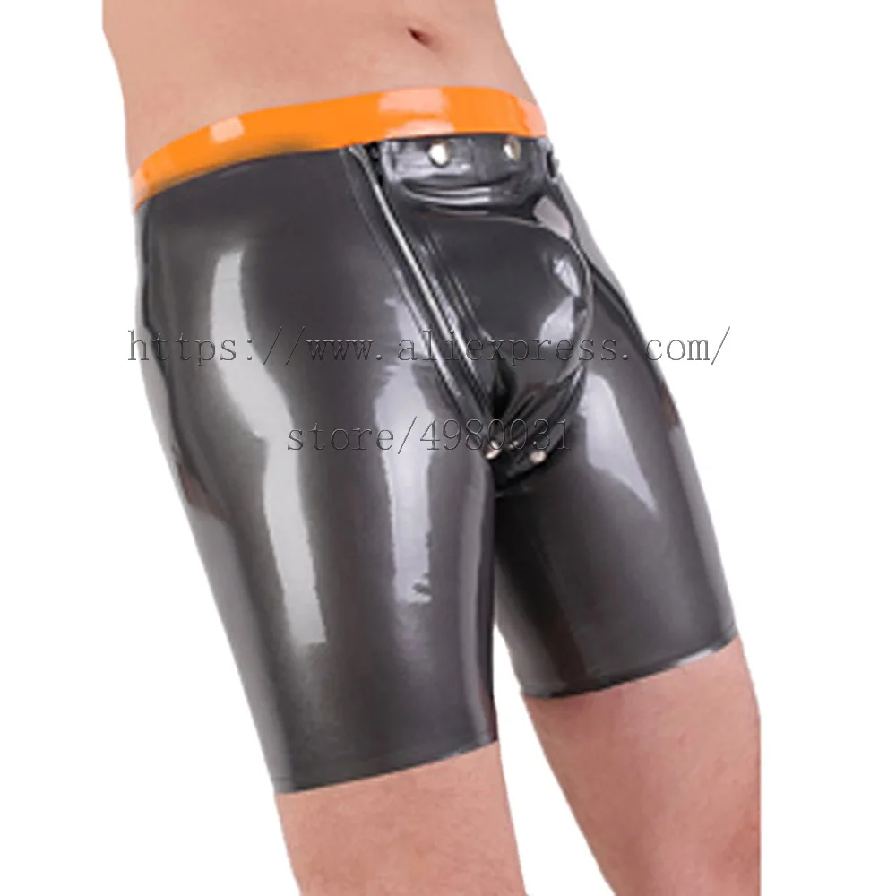 

Novelty Fetish latex shorts men with codpiece and open holes in black color