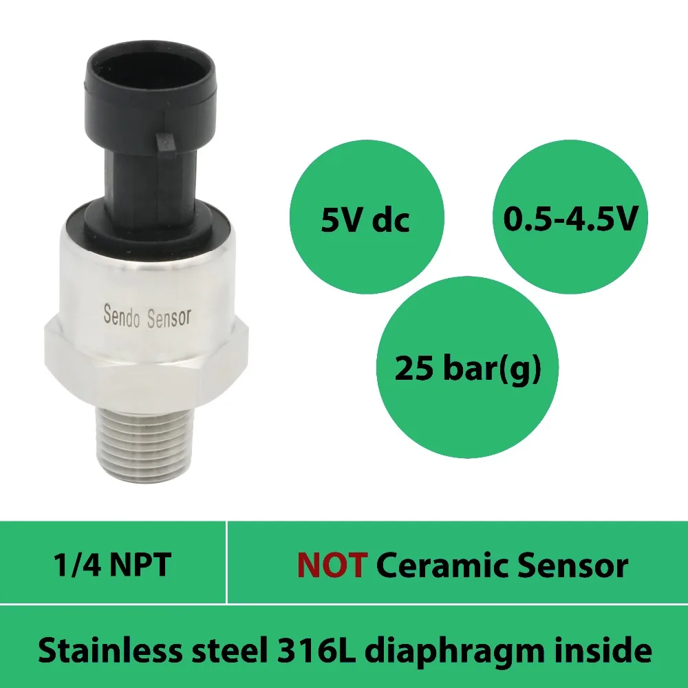 

high performance pressure sensor, 0 to 2.5mpa, 25bar gauge, 5Vdc, 0.5 4.5V output, S. S. 316L diaphragm, 1 4 in NPT, inexpensive