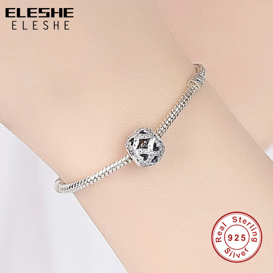 ELESHE Real 925 Sterling Silver Infinity Charm Crystal Openwork Charm Beads Fit Bracelet Authentic Luxury DIY Jewelry
