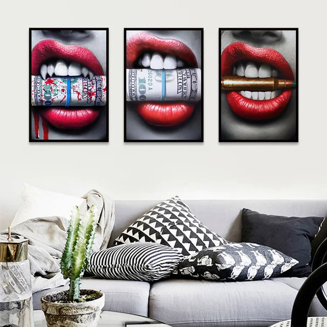 WANGKA-Wall-Art-Prints-Posters-Sexy-Red-Lips-Bite-Bullet-and-Money-Modern-Canvas-paintings-For.jpg_640x640