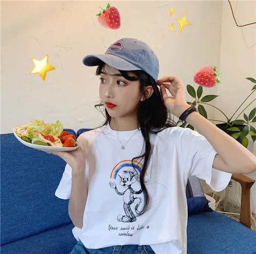

Monkey Animal Rainbow Printed White Cotton Simple Loose Street Fresh Cute 2019 Hit Summer Spring Female Women T-shirt