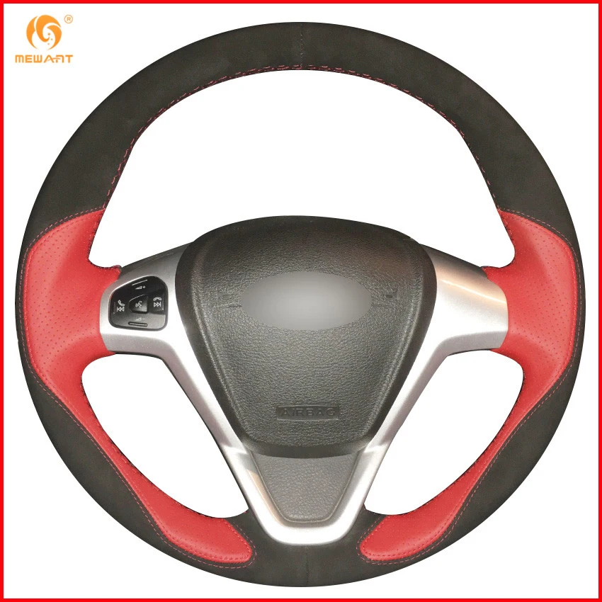 MEWANT Red Leather Black Suede Car Steering Wheel Cover for Ford Fiesta