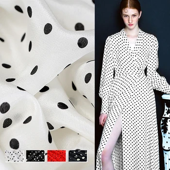 

113CM Wide 16MM Polka Dots Print White Red Black Silk Crepe de Chine Fabric for Summer Dress Jacket Pants DE1033