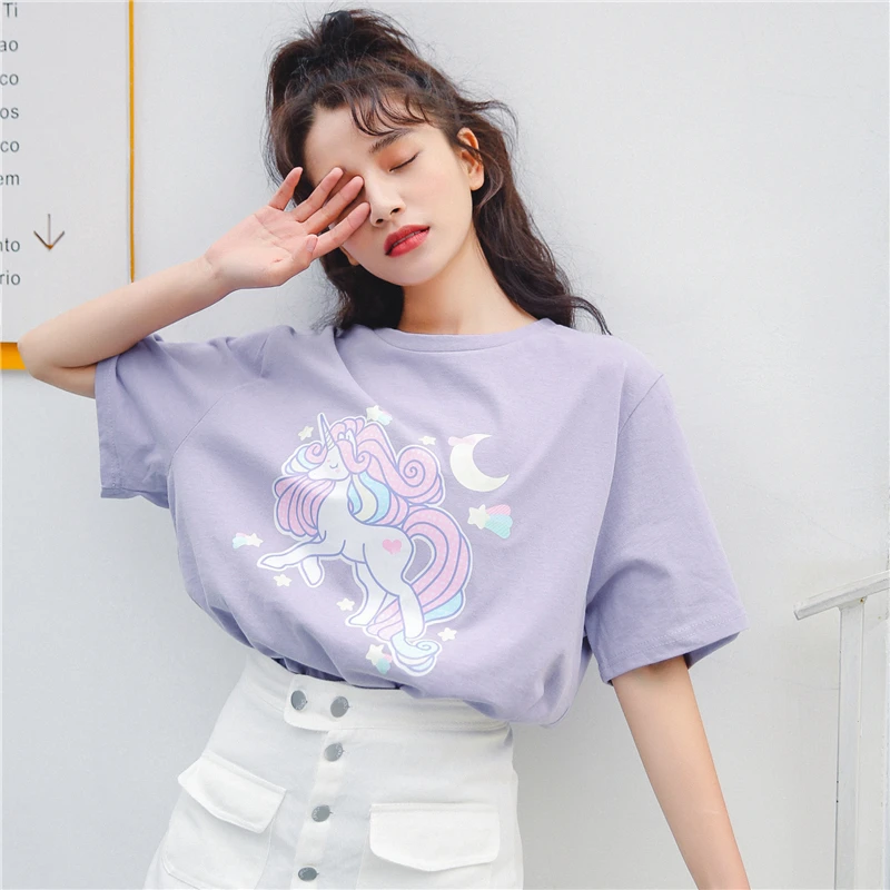 Dreamlikelin Harajuku Kawaii одежда летняя корейская модная весенняя футболка Милая футболка для девочек с рисунком единорога Луны звезд