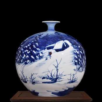 

Creative Chinese Hand Painted Porcelain Flower Vase Blue and White Big Snow Pattern Tabletop Vase For Home Office Decor