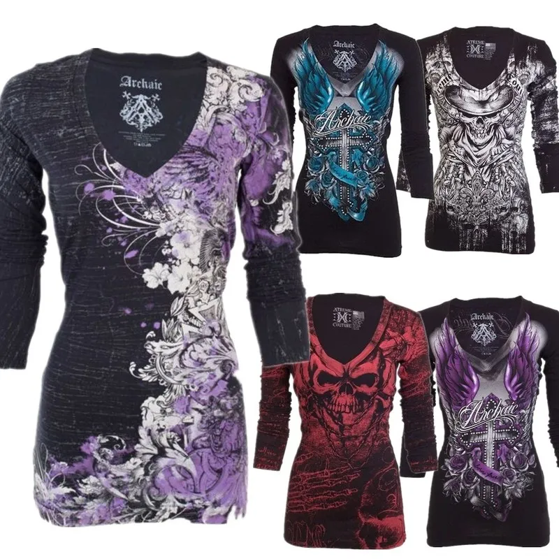 

ZOGAA Women T Shirt Long Sleeve Rose Tattoo Female Women's Casual V Collar T Shirts Skull Print Punk Style Cotton T-shirt