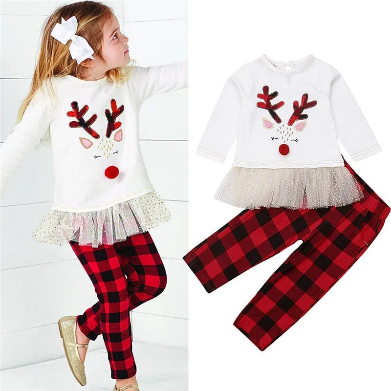 

Christmas Toddler Infant Baby Girls new Reindeer Long Sleeve Mesh Dress Tops+Plaid Pants 2pcs Set Princess Outfit Clothes(2-7Y)