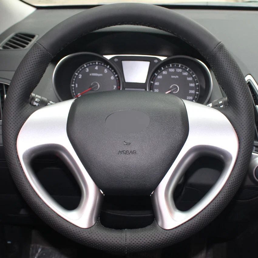 Black Leather Hand stitched Car Steering Wheel Cover for Hyundai ix35 Tucson 2 2011 2015in
