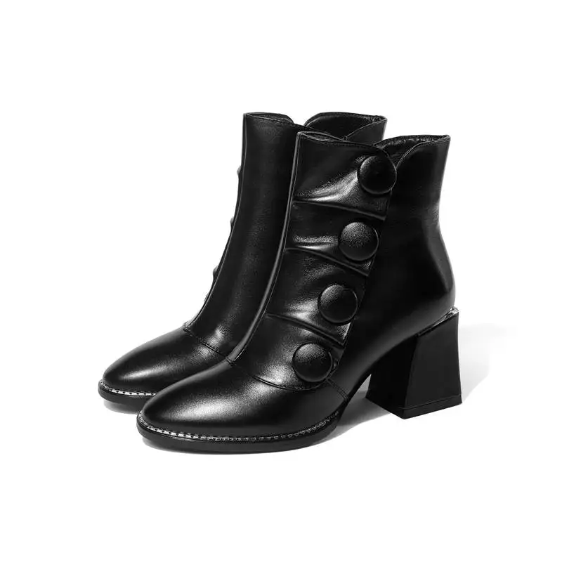 Bouton Cuir white Hiver Pour Noir Bottes Mode Bout À Pointu Nouvelle Véritable Hauts 2018 Memunia Cheville Arrivée Épais En Femmes Talons Zip De Sq6vwnBwR