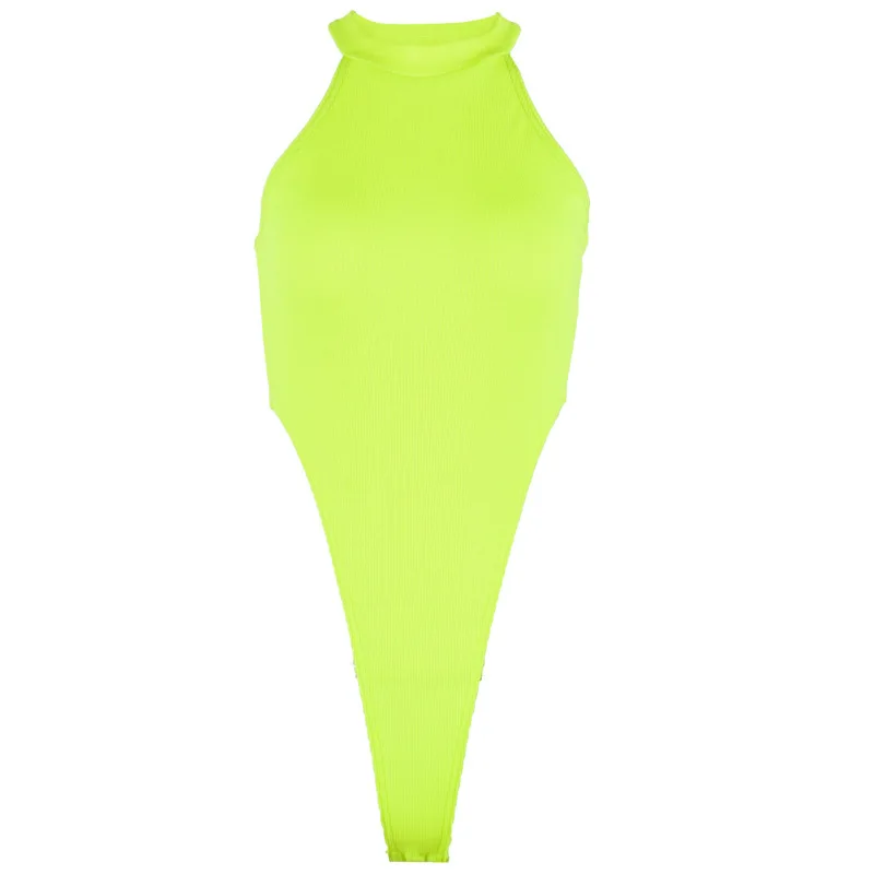 New Women's Fluorescent High Collar Knit Fabric Sexy Triangle Jumpsuit New Women's Fluorescent High Collar Knit Fabric Sexy Triangle Jumpsuit