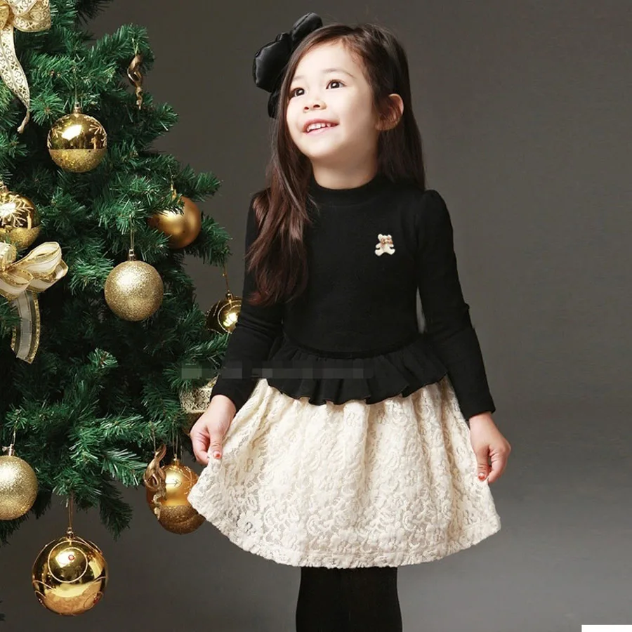 Baby Girls Princess Dress Long Sleeve Black Color Lace Dress for Little