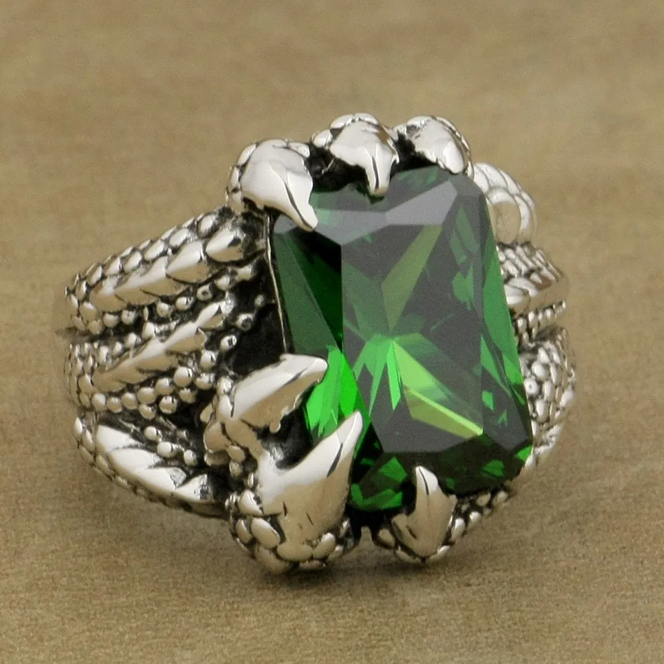 Buy 925 Sterling Silver Dragon Claw Ring Green CZ Mens