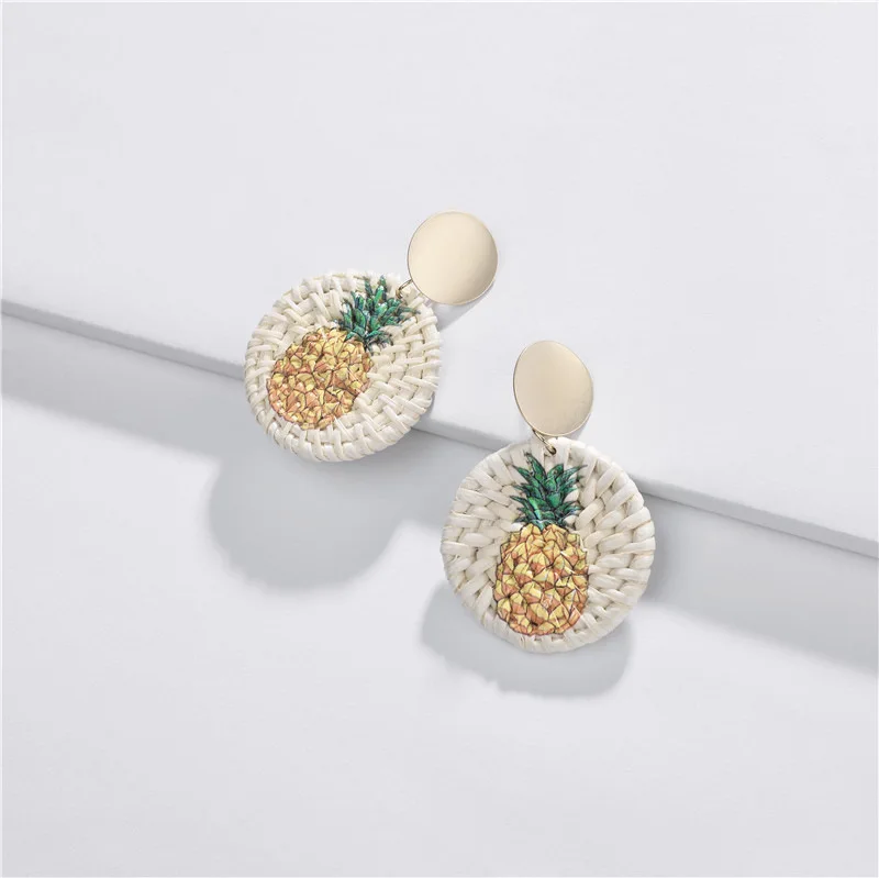 

2019 New Laser Print Pineapple Cactus Rattan Weave Round Earrings for Women Fashion Flamingo Rattan Earrings Jewelry hot