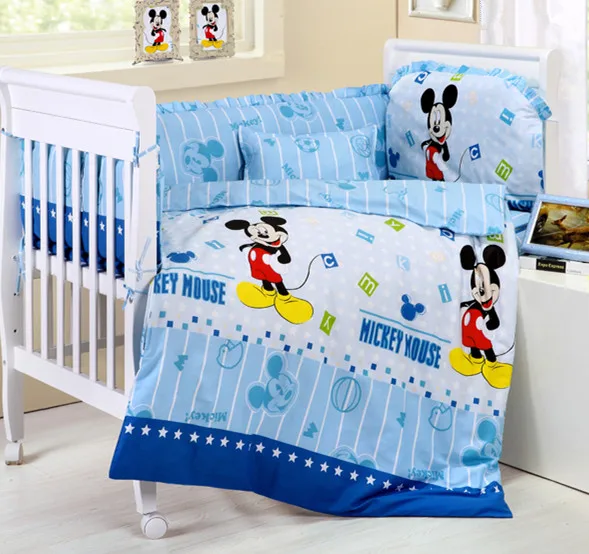 Promotion! 10PCS Mickey Mouse baby Crib bedding set Cot Set Baby Quilt Bumper Sheet Dust Ruffle (bumpers+matress+pillow+duvet)