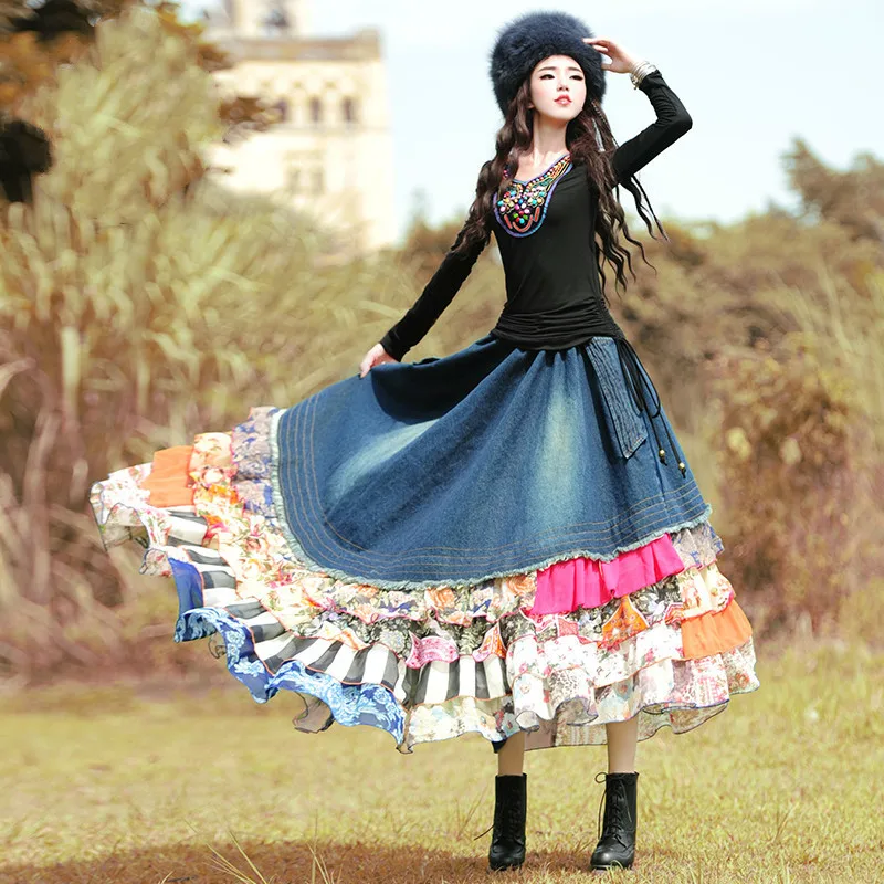 

2018 Spring Women Bohemian Long Skirt Chiffon Print Patchwork Denim Skirt Elastic Waist Asymmetrical Floor-Length Jeans Skirts