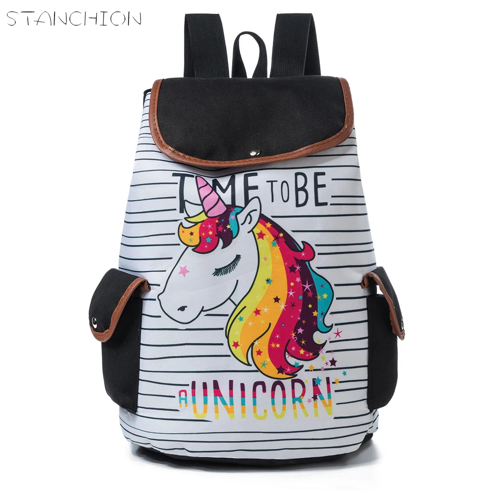 

STANCHION Cartoon Rucksack Canvas Backpack Lady Unicorn Printed School Backpack For Teenager Drawstring Female Travel