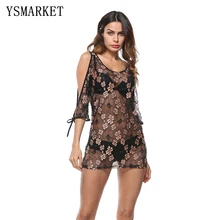 Pure plage Sexy couvrir dentelle brodé maille couverture Ups à manches courtes maillot de bain couvrir été robe plage porter pour les femmes F090(China)