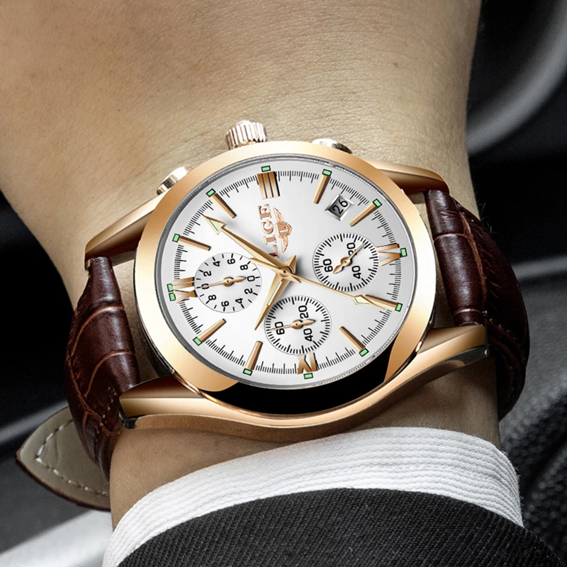 2017 New Watches Men Luxury Brand LIGE Chronograph Men Sports Watches Waterproof Leather Quartz Man Watch Mens Relogio Masculino