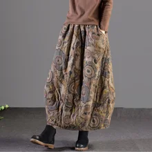 Loose Skirt Women Pocket Blended Thicker Elastic-Waist Ladies Casual Print Warm Retro