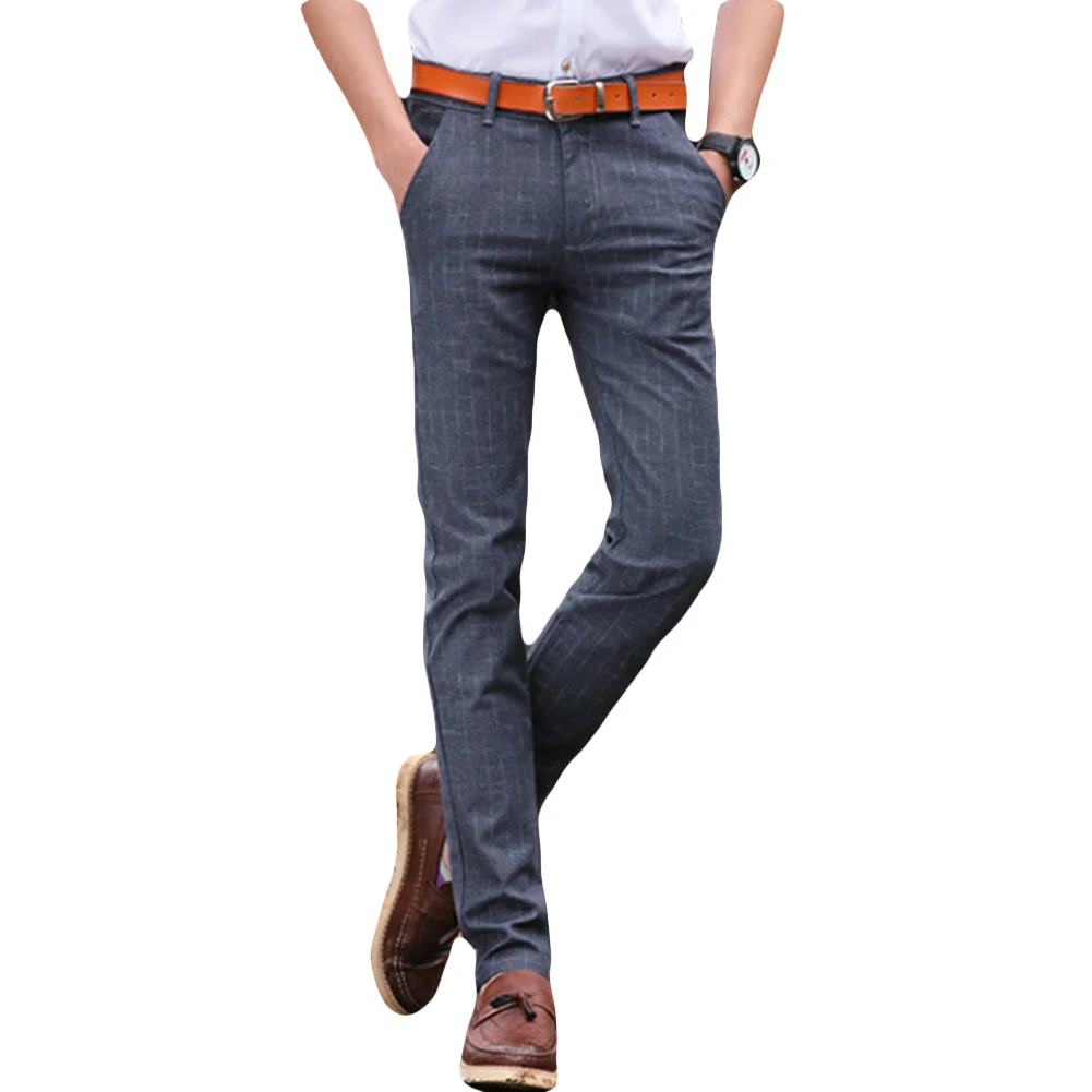New Business Party Plaid Print Straight Pants Men Slim Fit Fashion Long Trousers