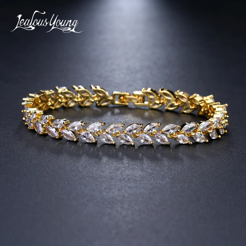 

Trendy Leaf Charm Cubic Zirconia Bracelet & Bangles For Bride Bracelets Jewelry Sliver Color Clear CZ Crystal Bangles For Women