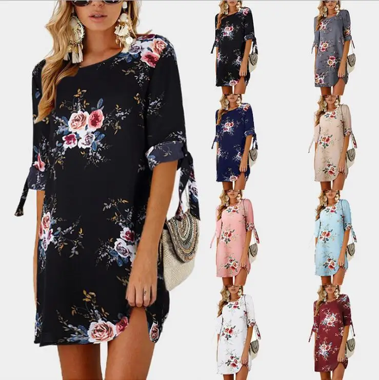 

Women Summer Dress Floral Print Boho Beach Chiffon Dress Loose Casual O-neck Party Dress Plus Size dress Vestidos