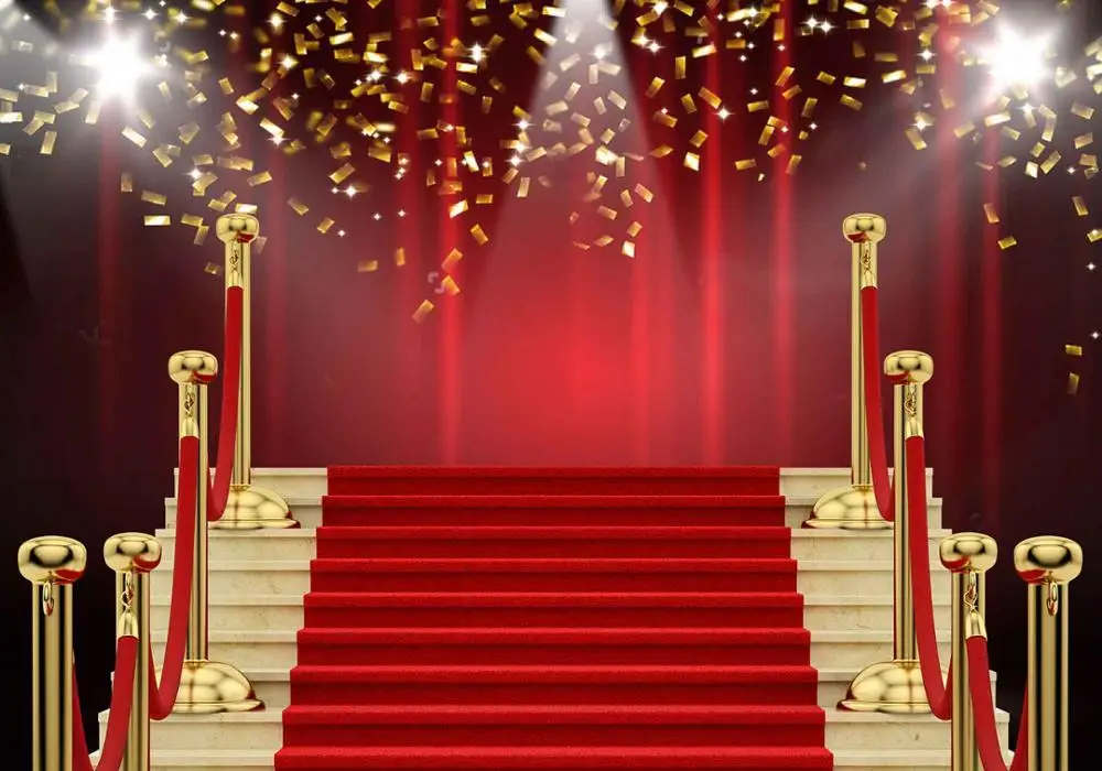 MTMETY Hollywood Red Curtain Background Red Carpet Stairs Props Vinyl Photography Video Backdrop for Graduation Party Decoration