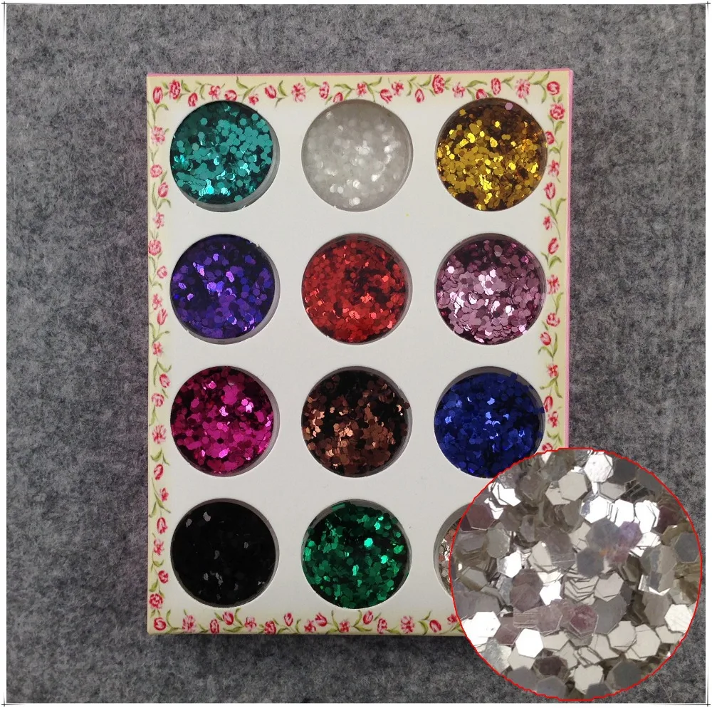 

WUF 12 Colors Acrylic Hexagon Sparkly Sequin Glitter Nail Art Tips Design Tool Decoration