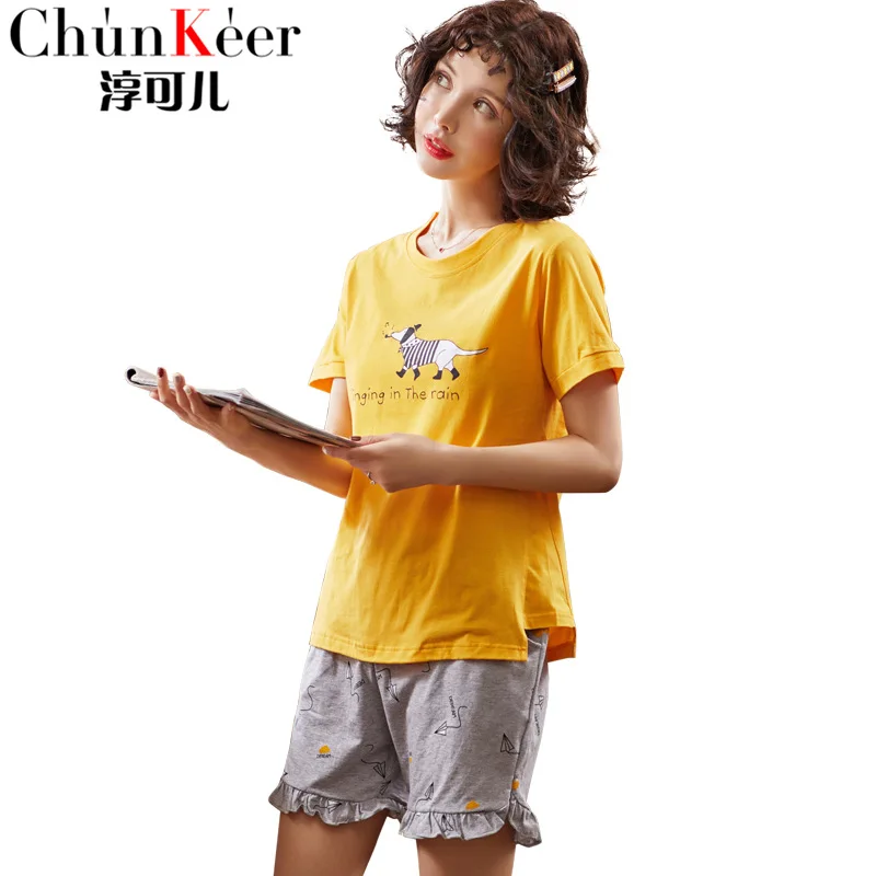

Women Summer All Cotton T Shirt + Shorts Pajamas Sets Round Neck Cartoon Print Soft & Comfortable Homeware Sleepware Femme