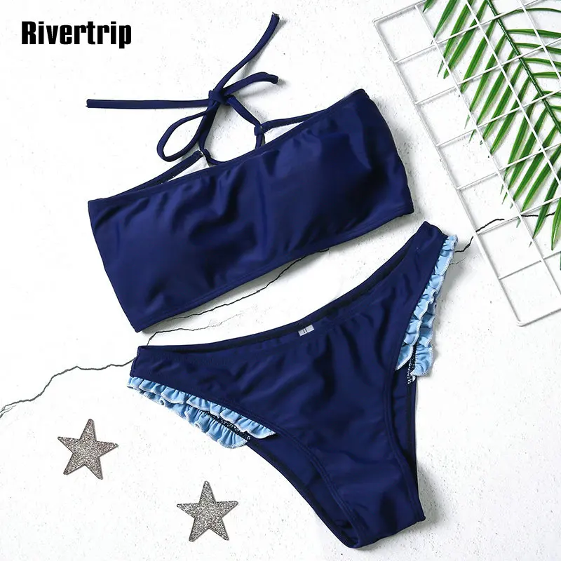 

Rivertrip High Waist Bikini New Bandeau Swimwear Women 2019 Lace-up Swimsuit Ruffle Bathing Suit Women Sexy Bathers Biquini