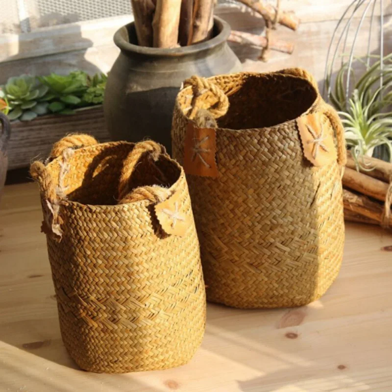 Натуральная солома корзина ручной работы Seagrass цветочный горшок настольная корзина для хранения/украшения сада
