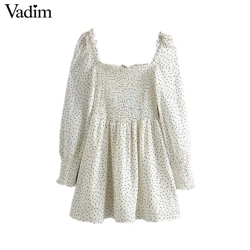 

Vadim women sweet dot print mini dress long sleeve square collar elastic pleated female casual cute dresses vestidos QC192