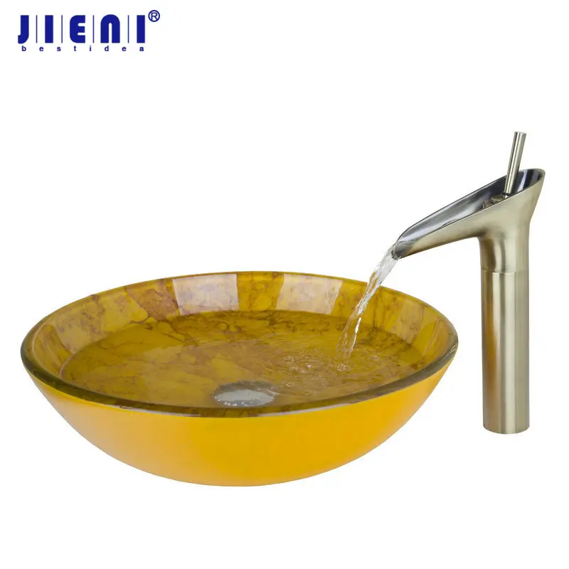 Yellow Bathroom Sink Round Tempered Glass Bathroom Sink Set With
